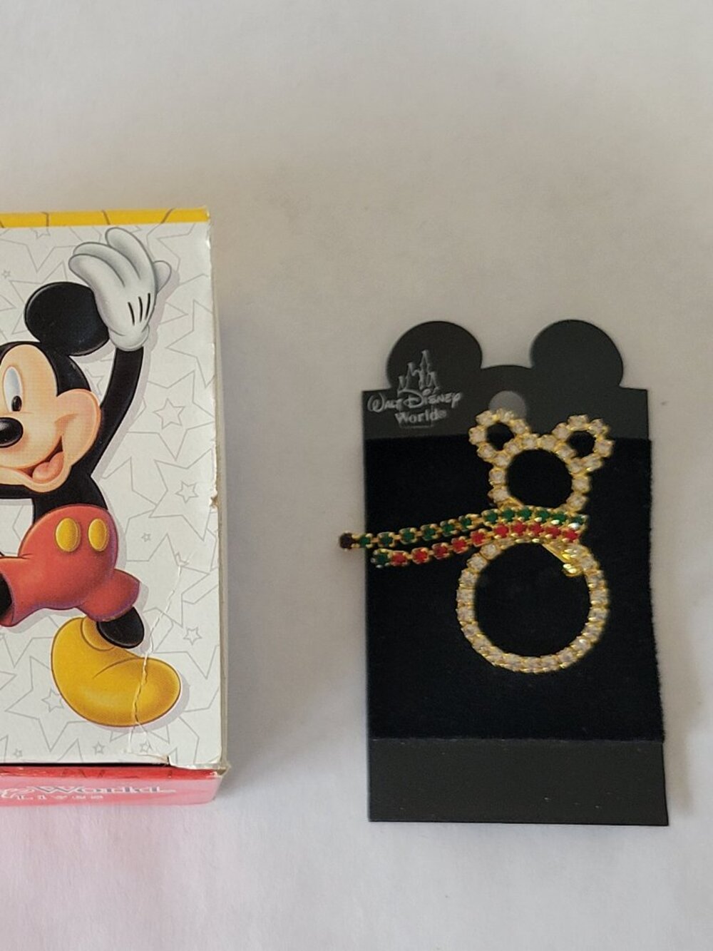 Vintage Mickey Mouse Snowman Gold Tone Multicolored Rhinestones Brooch Pin - NOC